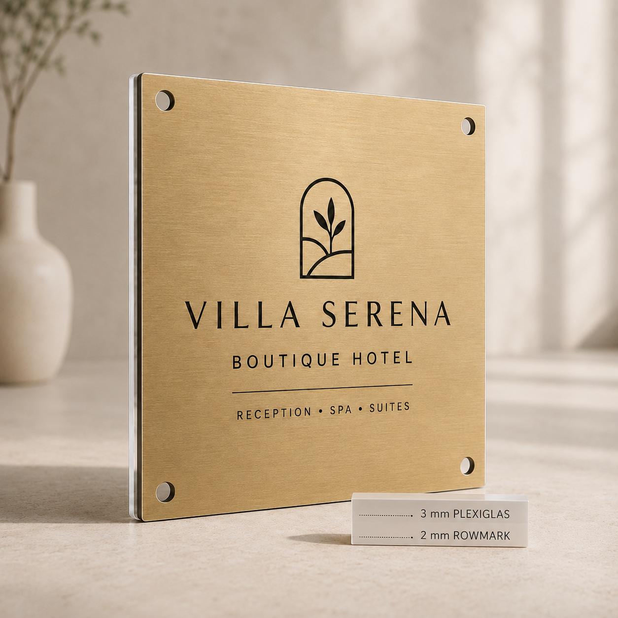 Targa Aziendale Quadrata Personalizzata | Plexiglas Trasparente e Rowmark ABS | 4 Fori Ø10 mm | Pezzo Singolo