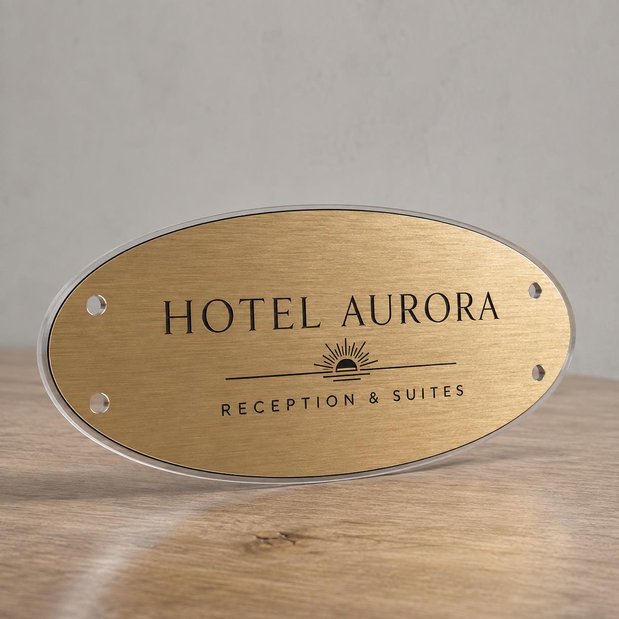 Targa Aziendale Ovale Personalizzata | Plexiglas Trasparente e Rowmark ABS | 4 Fori Ø10 mm | Pezzo Singolo