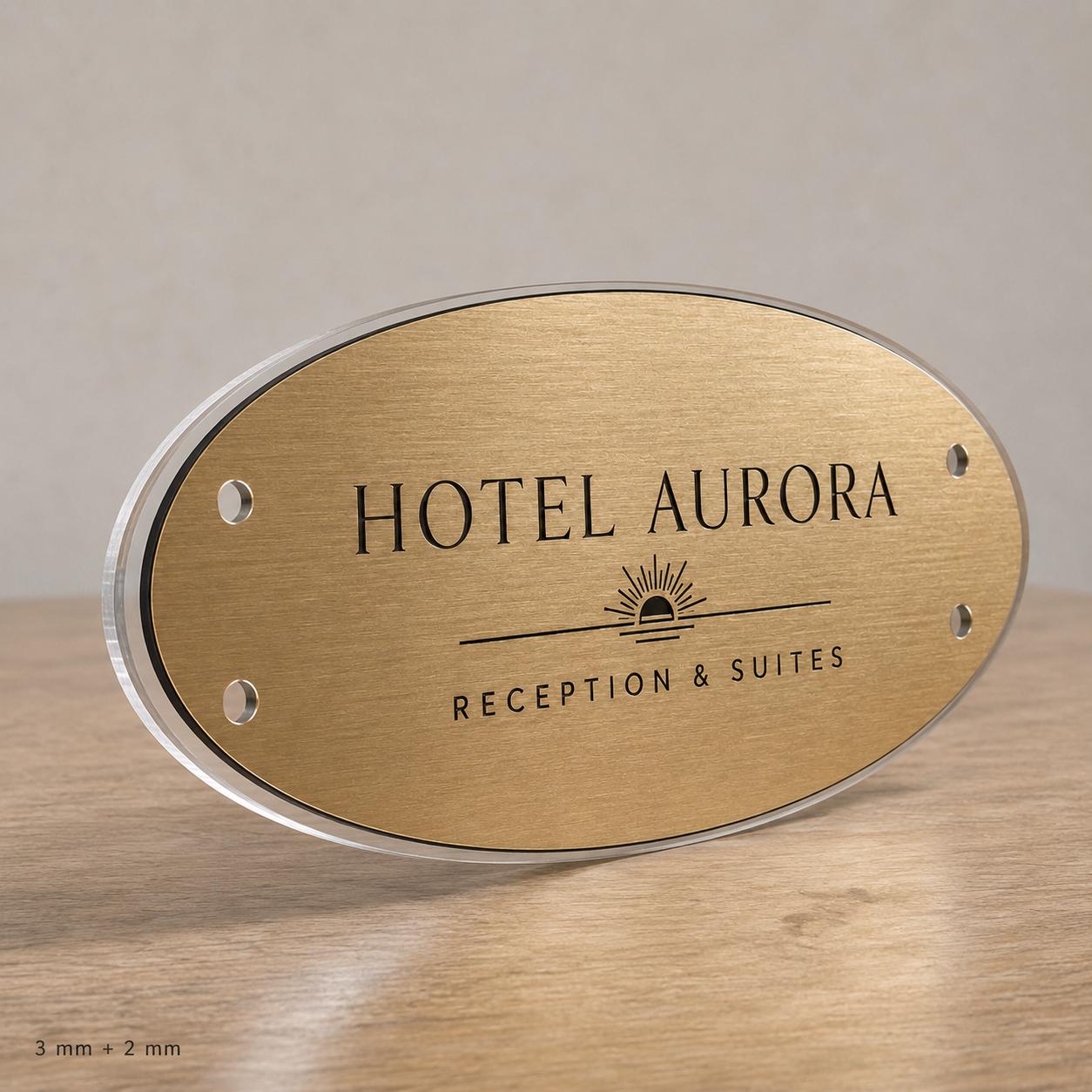 Targa Aziendale Ovale Personalizzata | Plexiglas Trasparente e Rowmark ABS | 4 Fori Ø10 mm | Pezzo Singolo