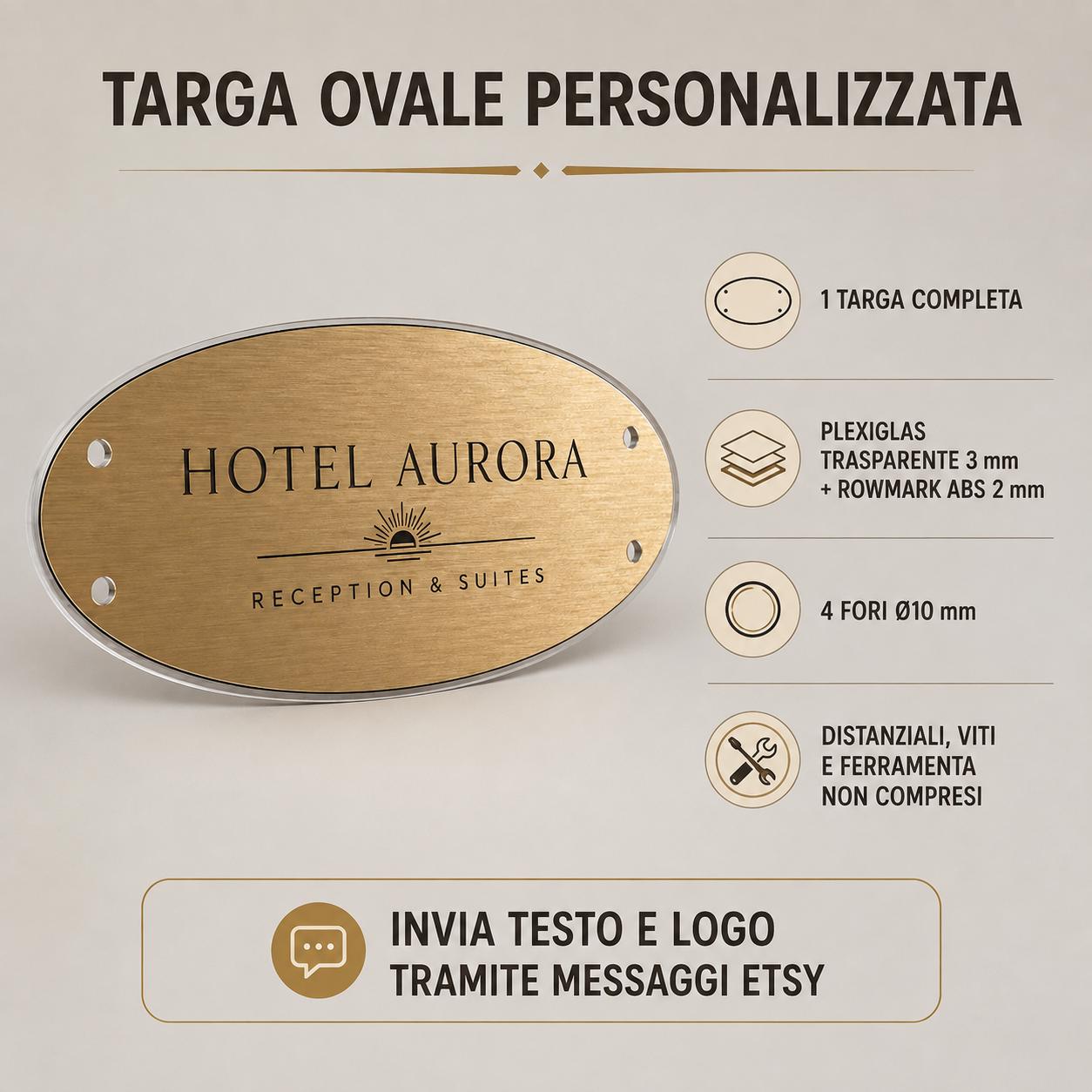 Targa Aziendale Ovale Personalizzata | Plexiglas Trasparente e Rowmark ABS | 4 Fori Ø10 mm | Pezzo Singolo