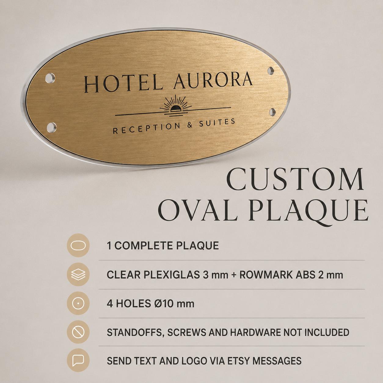 Targa Aziendale Ovale Personalizzata | Plexiglas Trasparente e Rowmark ABS | 4 Fori Ø10 mm | Pezzo Singolo