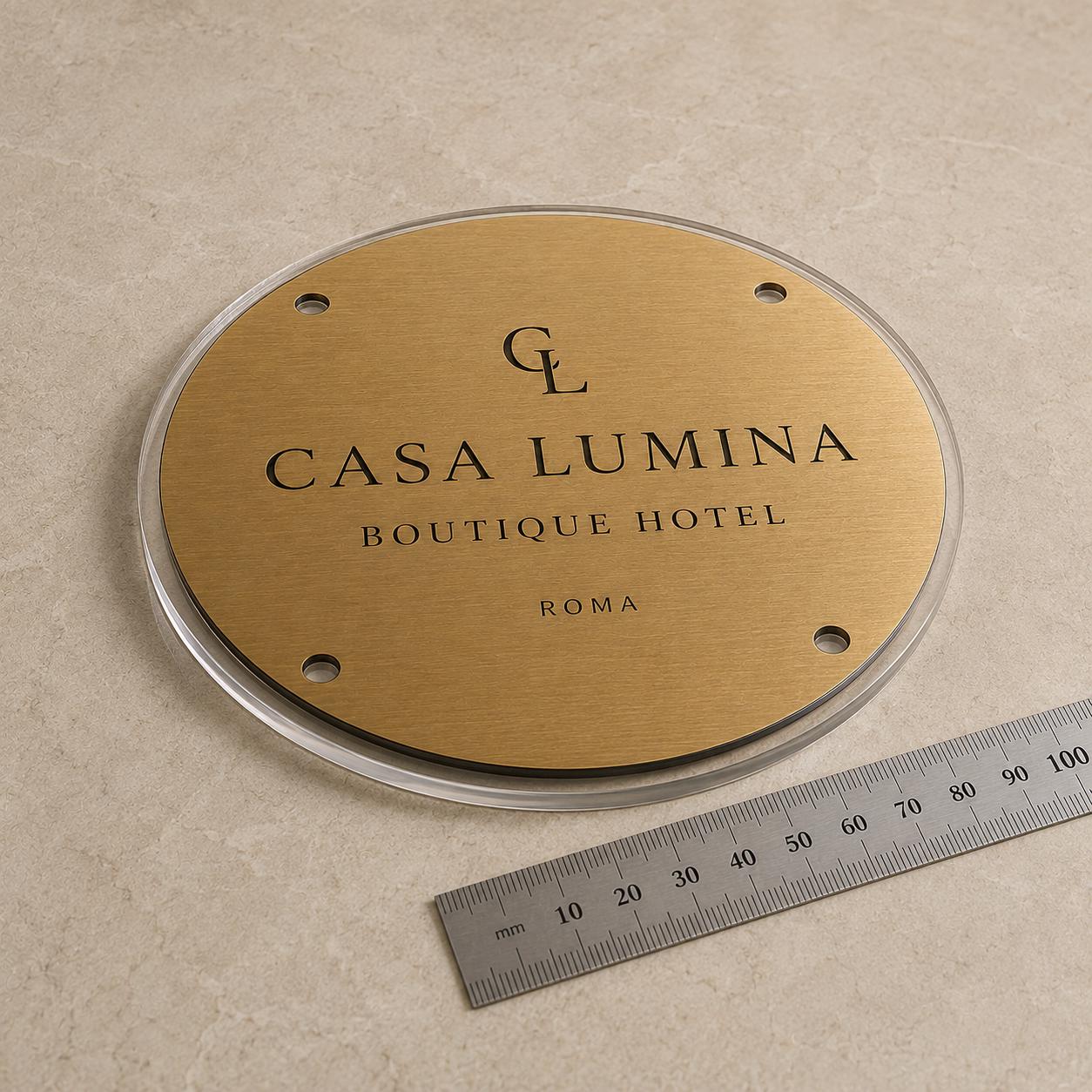 Targa Aziendale Rotonda Personalizzata | Plexiglas Trasparente e Rowmark ABS | 4 Fori Ø10 mm | Pezzo Singolo