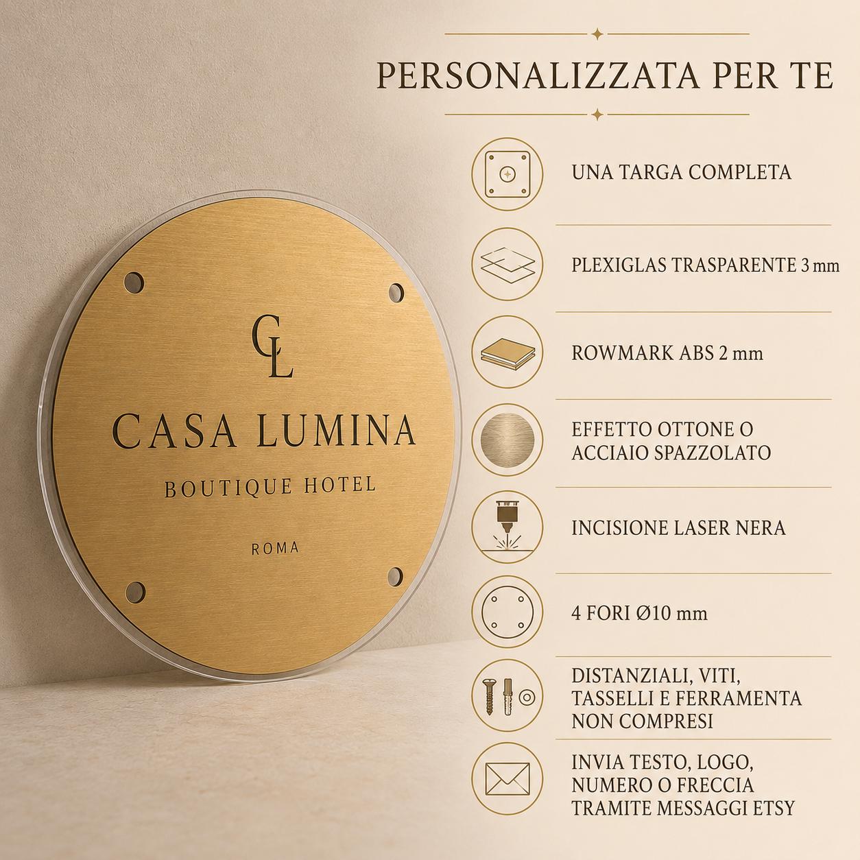 Targa Aziendale Rotonda Personalizzata | Plexiglas Trasparente e Rowmark ABS | 4 Fori Ø10 mm | Pezzo Singolo