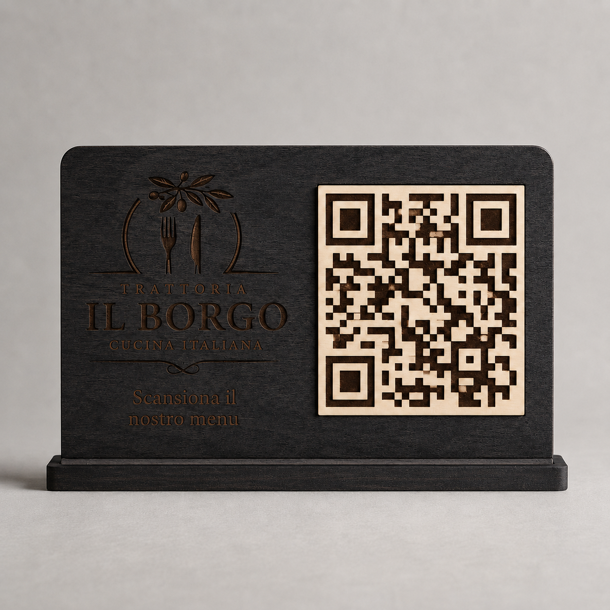Vista illustrativa fedele del porta QR code da tavolo in legno effetto ebano