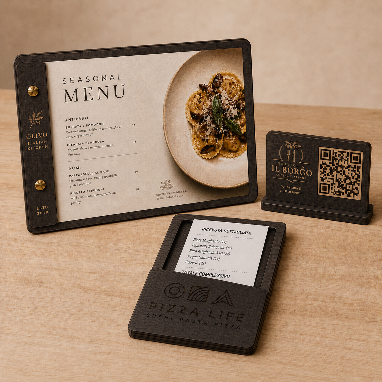 Copertina illustrativa del set ristorante effetto ebano con portamenu orizzontale A4 A5, QR Code e portaconto
