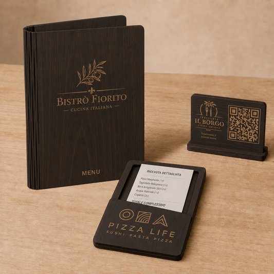 Copertina illustrativa set ristorante effetto ebano con portamenu pieghevole, QR Code e portaconto