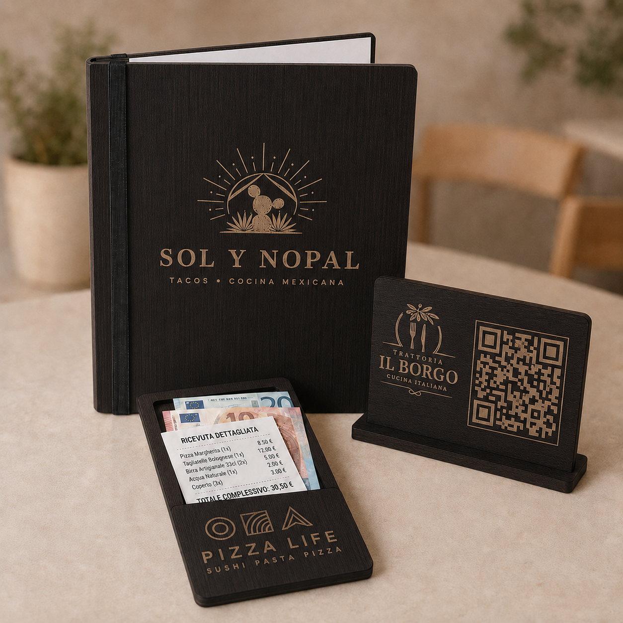 Copertina illustrativa set ristorante effetto ebano con portamenu ad elastico, QR code e portaconto