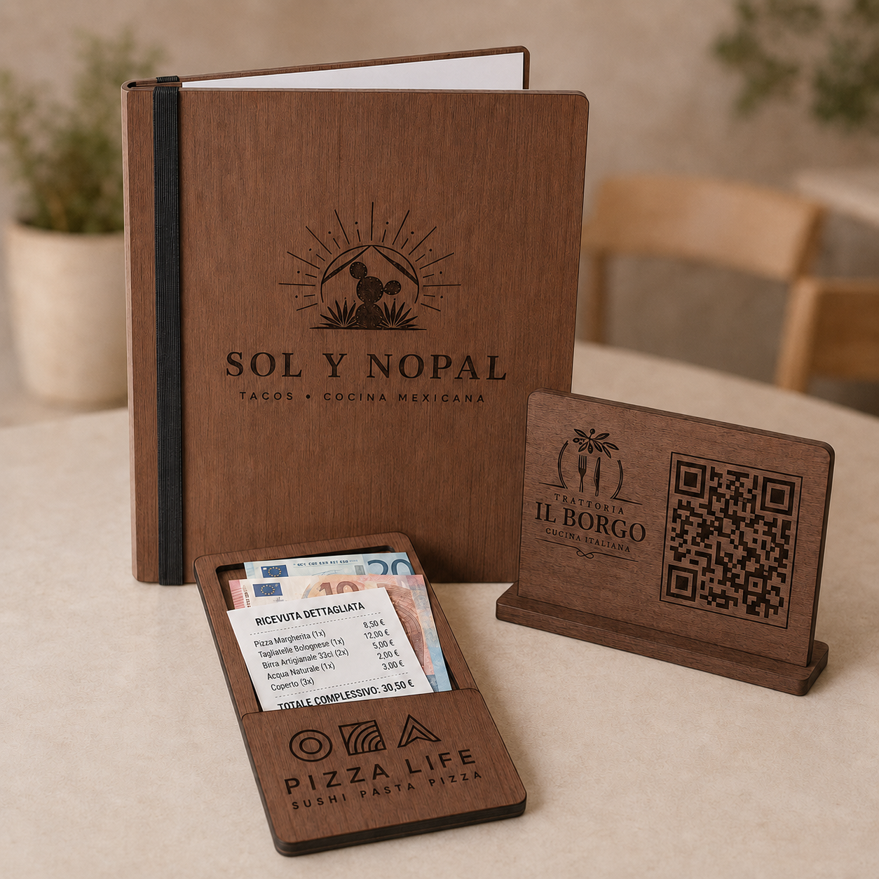 Copertina illustrativa set ristorante effetto noce con portamenu ad elastico, QR code e portaconto