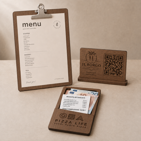 Copertina illustrativa set ristorante effetto noce con portamenu A4 a molletta, supporto QR Code e portaconto