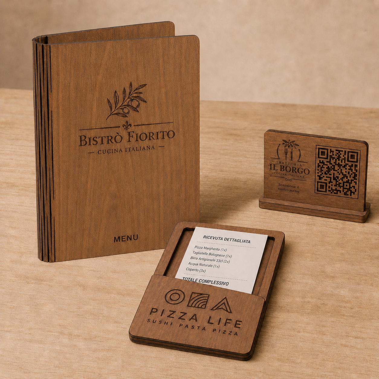 Copertina illustrativa del set ristorante effetto noce con portamenu pieghevole A4 A5, QR Code e portaconto