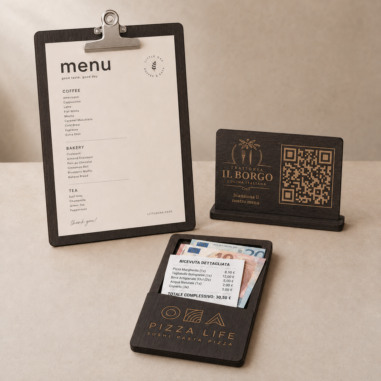 Copertina illustrativa del set ristorante effetto ebano con portamenu A4 a molletta, QR Code e portaconto